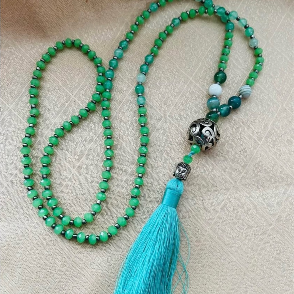 Green Long beaded tassel necklace with Buddha head charm 42” Long